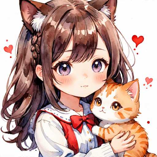 The image depicts a young girl with brown hair wearing a white dress and red bow tie holding an orange cat. The background is white, and there are hearts scattered throughout the scene.