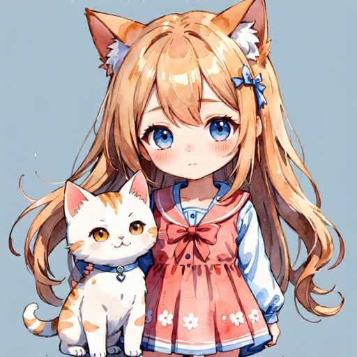 A young girl with blonde hair and blue eyes is standing against a light blue background. She is wearing a pink dress and has a bow on her head. The girl is holding a white cat in her arms.