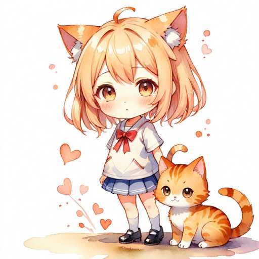 A young girl with blonde hair and blue eyes is standing next to a cat wearing an orange shirt and blue skirt. The background features pink hearts scattered around the image.