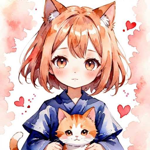 The image depicts an anime character wearing a blue kimono and holding a cat with orange and white fur. The background is filled with pink hearts scattered around the image.