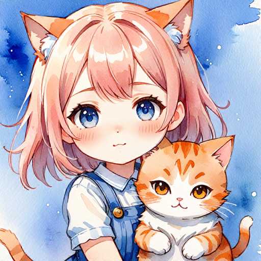 The image depicts a young girl with blue eyes and blonde hair holding an orange and white cat on her lap against a backdrop of a blue sky dotted with clouds.