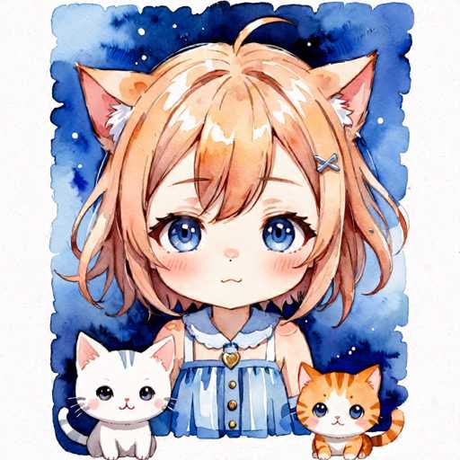 The image depicts a young girl with brown hair and blue eyes wearing a blue dress standing against a dark blue background speckled with white stars. She is positioned between two small cats - one white cat on her left side and another orange cat on her right side. The scene is framed by a white border, creating a sense of depth and perspective in the image.