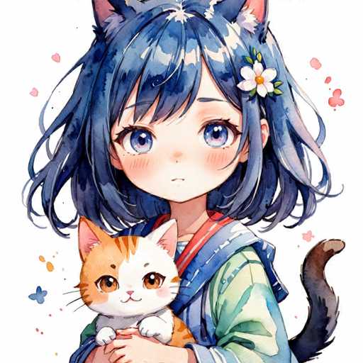 A young girl with blue hair and a flower on her head is holding an orange and white cat.