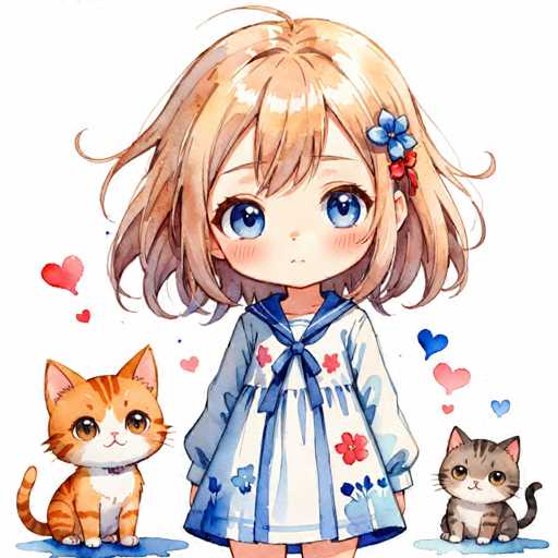 A young girl with blonde hair and blue eyes is standing in front of two cats - one orange and one gray. The girl is wearing a white dress with blue flowers on it.