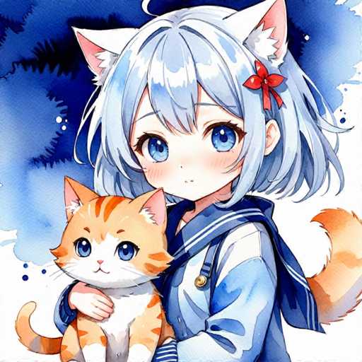 A young girl with blue hair and a red bow on her head is holding an orange cat while standing against a dark blue background.