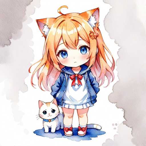 A young girl with blonde hair and blue eyes stands next to a white cat wearing a red collar on a gray background.