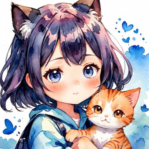 A young girl with blue eyes and brown hair is holding a cat that has orange fur and white paws. The background features a light blue sky dotted with white clouds.