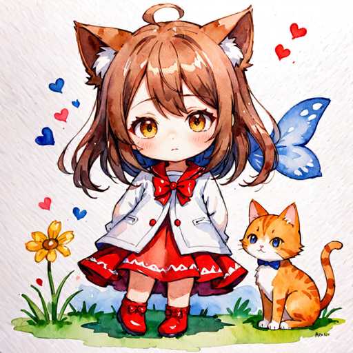 The image depicts two characters - a girl and an orange cat. The girl is wearing a white dress with red shoes and has long brown hair. She is standing on the left side of the image, facing towards the right. On her right, there's a small orange cat sitting in front of a yellow flower.