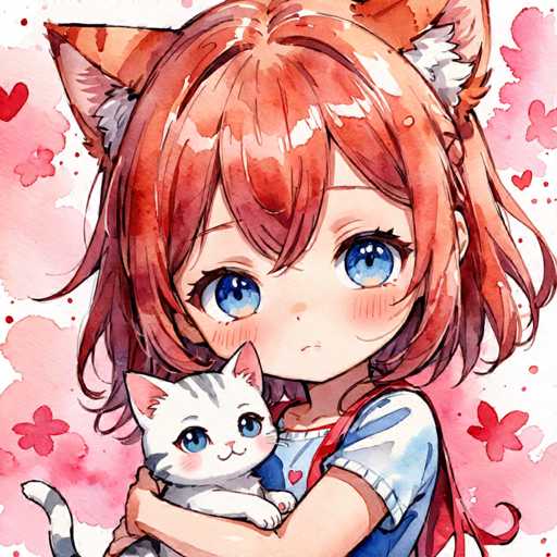A young girl with brown hair and blue eyes is hugging a white cat that has black stripes on its face and paws. The background features pink flowers scattered throughout the image.