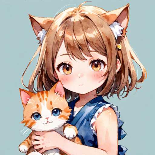 A young girl with brown hair and blue eyes is holding a small orange and white cat. The girl is wearing a blue dress and has her arms wrapped around the cat's body.