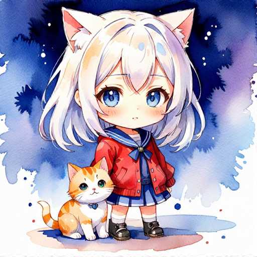 A white girl with blue eyes and blonde hair is standing next to a cat wearing a red sweater and blue bowtie. The background features a dark blue sky with white clouds.