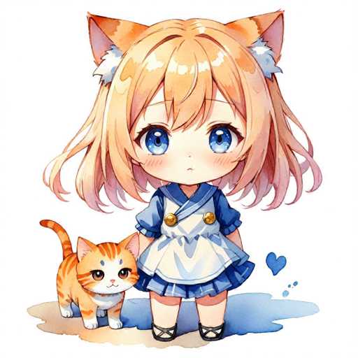 A young girl with blonde hair and blue eyes is standing next to a cat wearing an orange dress and white shoes.