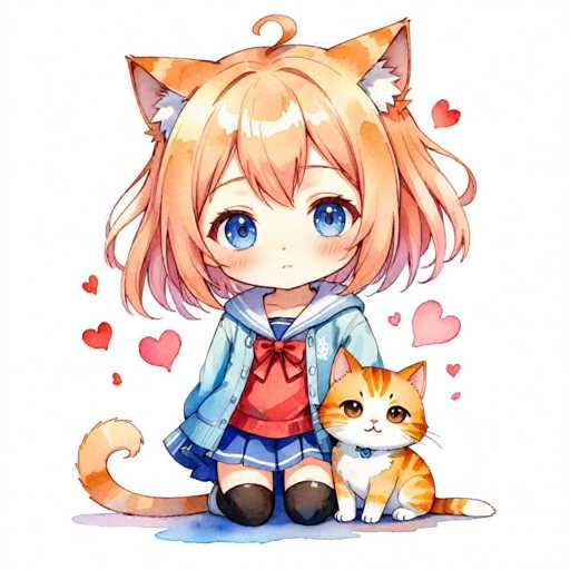 A young girl with blonde hair and blue eyes is sitting on a white background, wearing a red jacket and blue skirt. Next to her is an orange cat with white paws and a blue collar. The background is filled with hearts in various sizes and colors.