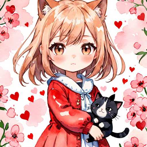 A young girl with brown hair and a red dress is holding a black cat on her lap against the backdrop of pink flowers and hearts.