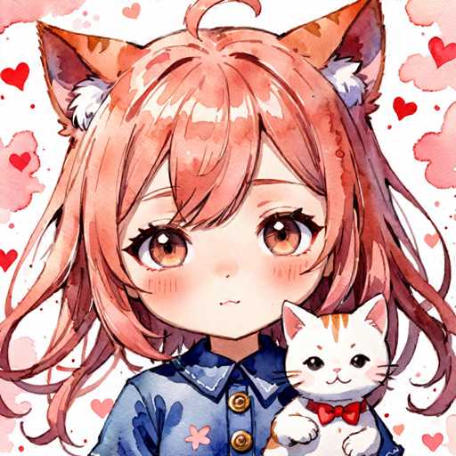 The image depicts a young girl with long hair and pink eyes wearing a blue shirt holding a white cat with orange and black stripes on its back. The background is filled with red hearts scattered throughout the scene.
