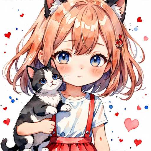 A young girl with brown hair and blue eyes is holding a black and white cat on her shoulder. The cat has white paws and a pink collar around its neck. The background features red hearts scattered across it.