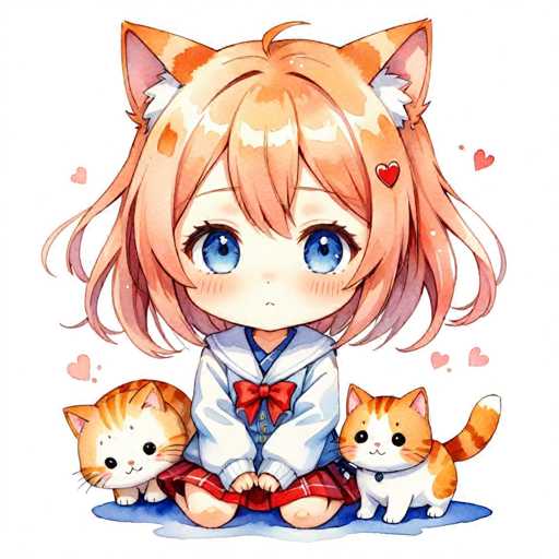 A young girl with light brown hair and a white shirt is sitting on the ground surrounded by two small orange cats wearing red bow ties. The background features pink hearts scattered around the girl and cats.