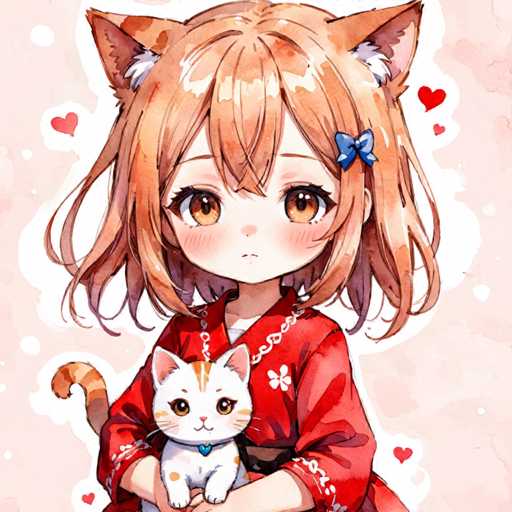 A young girl with brown hair and a red kimono is holding a white cat with orange and black markings on its face and paws. The background features pink and white dots scattered around the image.