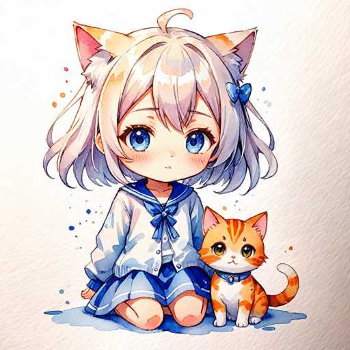 A young girl with blue eyes and blonde hair is sitting on a white surface next to an orange and white cat wearing a collar.