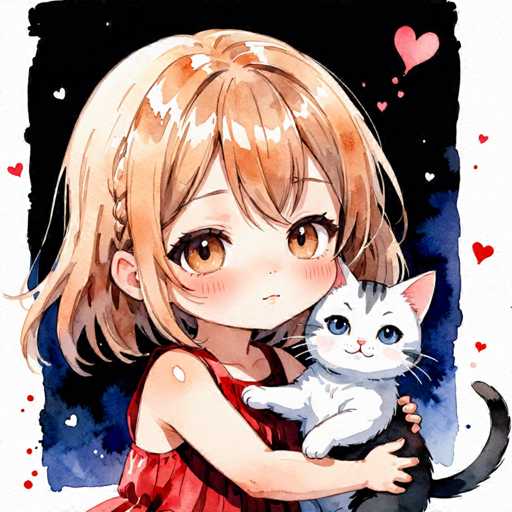 A young girl with blonde hair is holding a white cat and smiling at the camera. The background features a dark blue sky filled with red hearts.