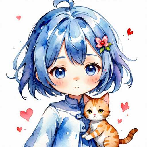 A young girl with blue hair is holding a cat and surrounded by hearts.