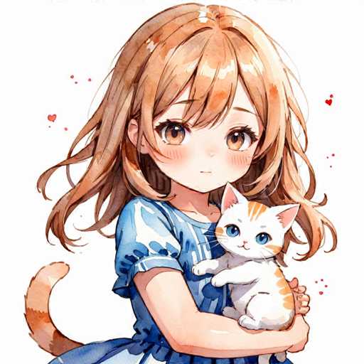 A young girl with brown hair and blue eyes is holding a white cat that has orange and white fur. The girl is wearing a blue dress and the background is white.