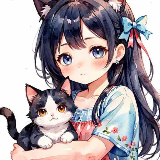 A young girl with long dark hair is holding a black and white cat that has orange eyes and pink ears. The girl is wearing a blue dress with white flowers on it.