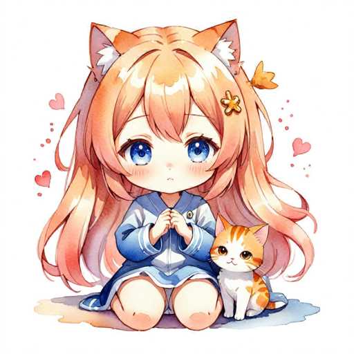 A young girl with blonde hair and blue eyes is sitting on a white background, wearing a blue dress and holding an orange cat. The cat has white paws and a pink collar.