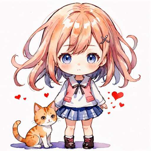A young girl with long brown hair and a pink shirt is standing next to an orange and white cat wearing a blue skirt and black shoes. The background features red hearts scattered around the image.