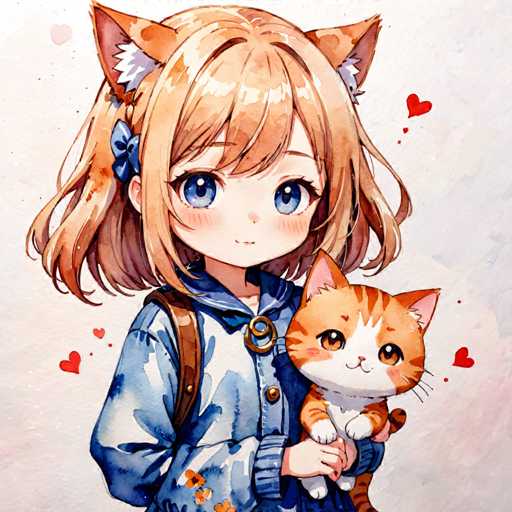 A young girl with brown hair and blue eyes is holding a cat on her lap. The girl is wearing a blue jacket and has a backpack slung over one shoulder. The background of the image features red hearts scattered around the girl's head and shoulders.