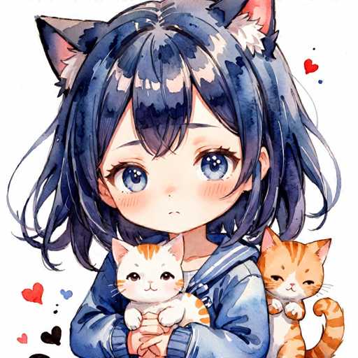 A young girl with blue hair and a blue jacket is holding two cats - one orange and one white. The background features a white wall adorned with red hearts and black dots.