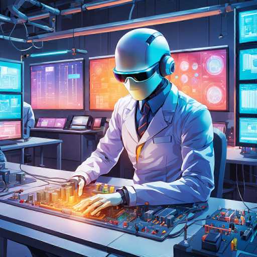 A person wearing a white lab coat and glasses is working on a computer monitor with a keyboard and mouse in front of them. The background shows multiple computer monitors displaying various data and graphs.
