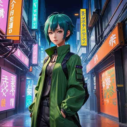 The image depicts a young woman with green hair and a black backpack standing on the sidewalk of an urban street at night. The background is filled with neon signs and buildings, creating a vibrant and dynamic atmosphere.