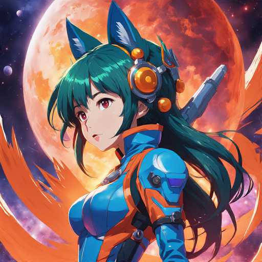 The image depicts an anime character with long hair and a blue jumpsuit adorned with orange accents. The character is wearing headphones and has a sword at her side. The background features a large red planet against the backdrop of a full moon.