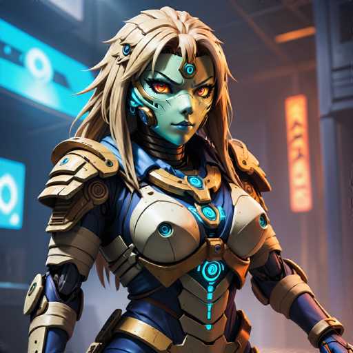 The image shows a female character with blonde hair and blue eyes wearing a futuristic armor suit that is predominantly gold and blue. The character has a green face mask on her forehead and is standing in front of a neon sign that reads "KAKES".