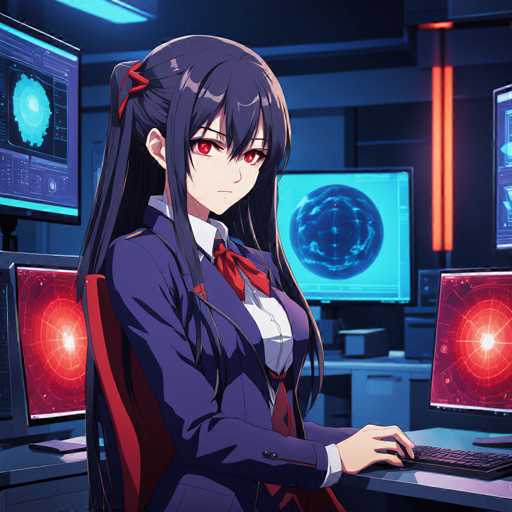 A woman with long dark hair wearing a purple suit and red bow tie is sitting at a desk in front of two computer monitors displaying a map and a radar screen.