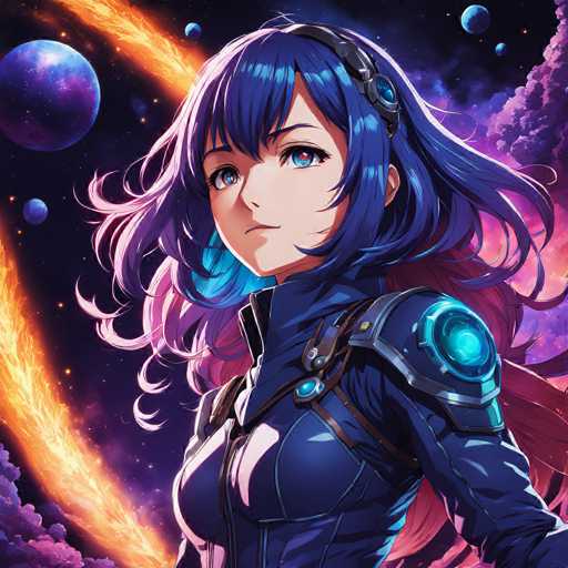 The image depicts a female character with blue hair and a blue outfit standing against the backdrop of a vibrant purple sky filled with planets and stars. The character is looking directly at the camera, giving an impression of being in a space setting or perhaps on a spaceship.