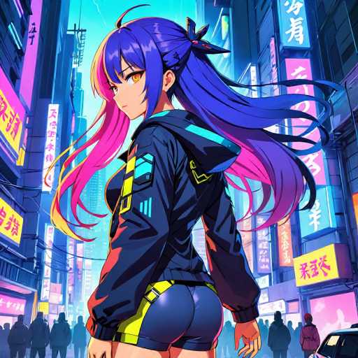 The image depicts a woman with long blue hair wearing a black jacket and shorts standing on the street corner of a city at night. The neon lights from the buildings illuminate her figure as she gazes into the distance.