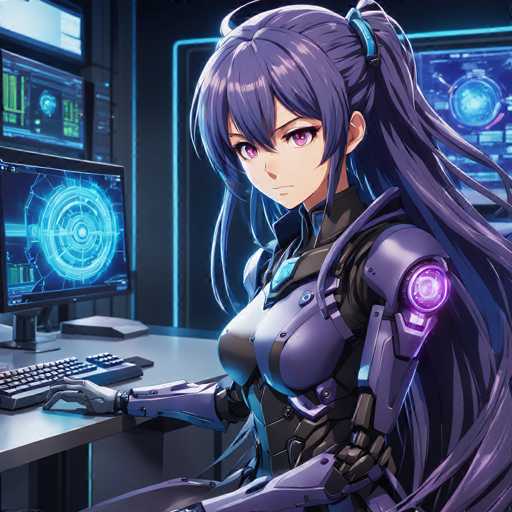 A female anime character with long purple hair and a serious expression is seated at a desk, focused on her work on the computer screen in front of her. The background features a monitor displaying blue and green circles, suggesting an office or workspace setting.