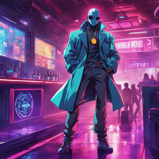 The image depicts a man standing in front of a bar with neon lights and a menu board behind him. The man is wearing a blue coat and sunglasses, giving off an air of mystery. He has his hands on his hips and appears to be looking directly at the camera.
