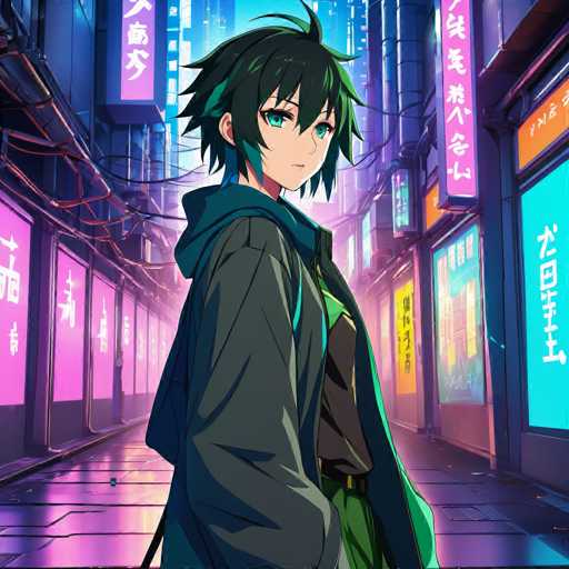 The image depicts an anime character standing on a city street at night. The character is wearing a black jacket and green pants with blue hair styled into a spiky mohawk. The character's face features striking blue eyes and a serious expression as they gaze off to the side, their body language suggesting a sense of contemplation or introspection.
