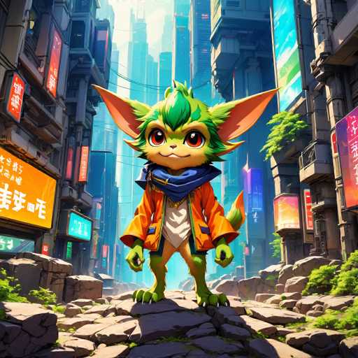 The image depicts a green-skinned creature with large ears and horns standing on a rocky path surrounded by buildings of various sizes and colors. The creature is wearing an orange jacket and blue scarf, giving it a unique appearance. The background features a cityscape filled with tall buildings and neon signs, creating a vibrant urban setting for the creature's location.