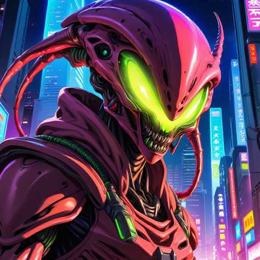 The image depicts a futuristic robot with a pink body and green eyes, wearing a red helmet that has a large skull on the front. The robot is standing against a backdrop of neon lights and buildings, suggesting an urban setting.