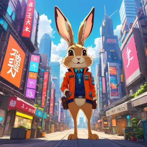 The image depicts an animated rabbit standing on a city street surrounded by tall buildings and neon signs. The rabbit is wearing an orange jacket with the word "ROBERT" written on it in white letters. The background features a variety of colorful buildings and signs, including one that reads "O'Hoo".