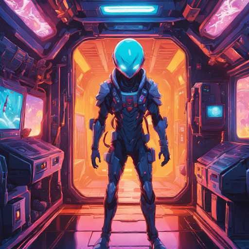 The image depicts an astronaut standing inside a spaceship. The astronaut is wearing a blue helmet and has a futuristic suit with multiple arms and legs. The background shows the interior of the spaceship, which includes a control panel on the left side and a monitor on the right side.