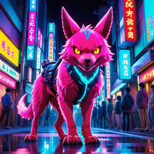 The image depicts a pink fox with neon green eyes and a blue collar standing on the sidewalk of a busy city street at night. The fox is facing towards the camera, giving an impression that it's ready to pounce or run away from its current position. In the background, there are people walking along the sidewalk, adding to the urban atmosphere of the scene.