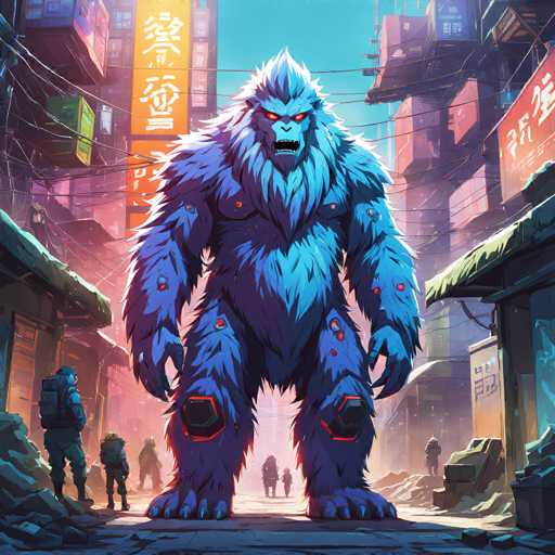 The image depicts a large blue gorilla standing on a street surrounded by buildings and people. The gorilla is facing the camera with its mouth open, giving an impression of aggression or dominance. In the background, there are several buildings and signs written in Chinese characters, suggesting that this scene takes place in a city where Chinese culture is prominent.

There are also some people visible in the image, possibly pedestrians walking on the street or individuals interacting with each other. The overall style of the illustration appears to be cartoon-like, with exaggerated features and bold colors for the gorilla's fur and facial expressions.