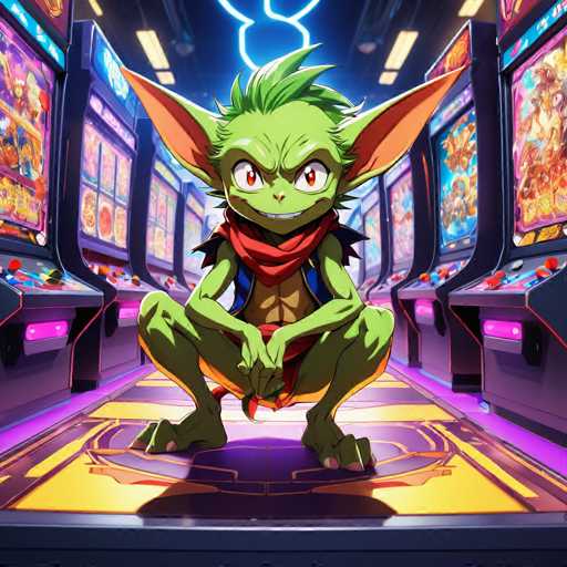 The image depicts a green-skinned, anthropomorphic character with large ears and a red scarf around its neck, standing on a platform within what appears to be an arcade or gaming room. The character is positioned in front of a row of slot machines, suggesting that the setting might be a casino or a similar entertainment venue.