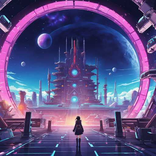 The image depicts an alien standing on a bridge that leads to a futuristic cityscape with buildings and structures made of neon pink and purple hues. The sky above is a deep blue color, dotted with white clouds. The perspective of the image suggests it was taken from within this futuristic city, looking out towards the city below.