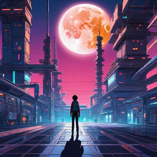 The image depicts a futuristic cityscape at night with a large full moon illuminating the scene. The buildings and structures are illuminated by neon lights, creating a vibrant and dynamic atmosphere. A lone figure can be seen standing on a rooftop in the foreground of the image.